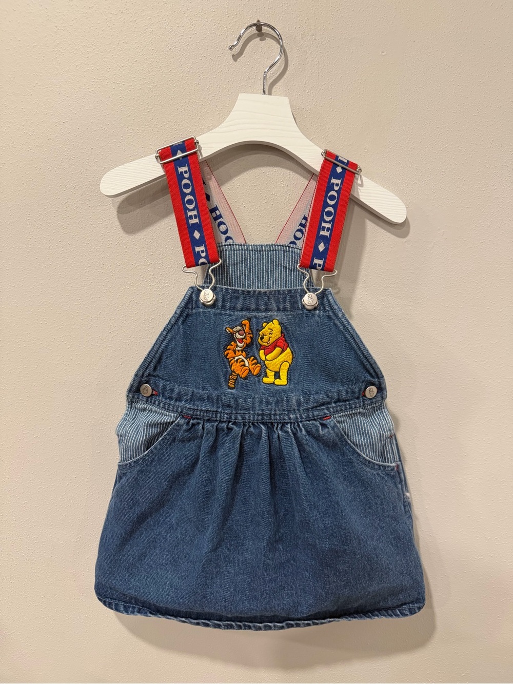 Vintage Disney Winnie the Pooh Denim Overall Dress with Red Pooh Straps